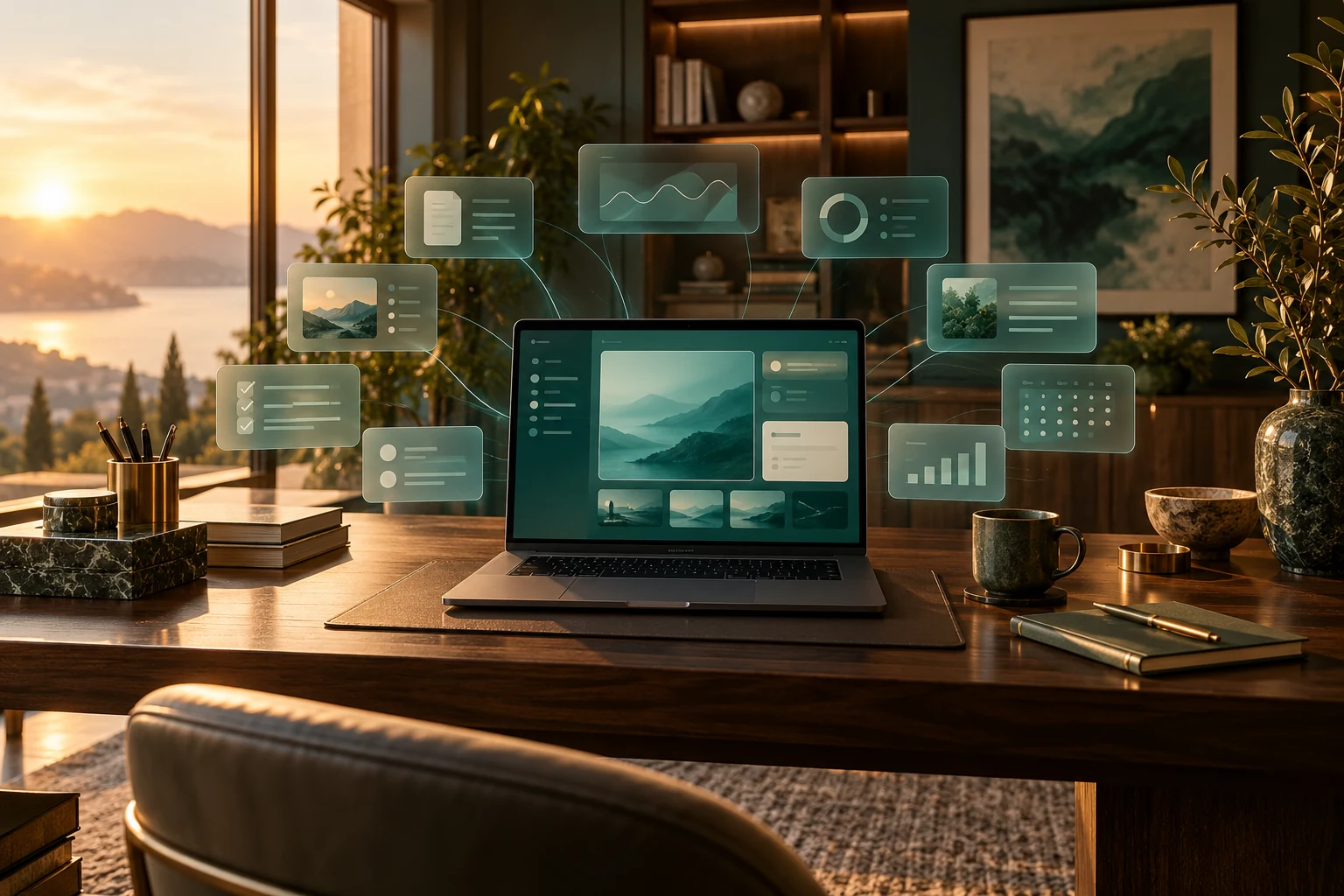 A warm, modern office with a laptop and translucent teal panels representing a coordinated AI team